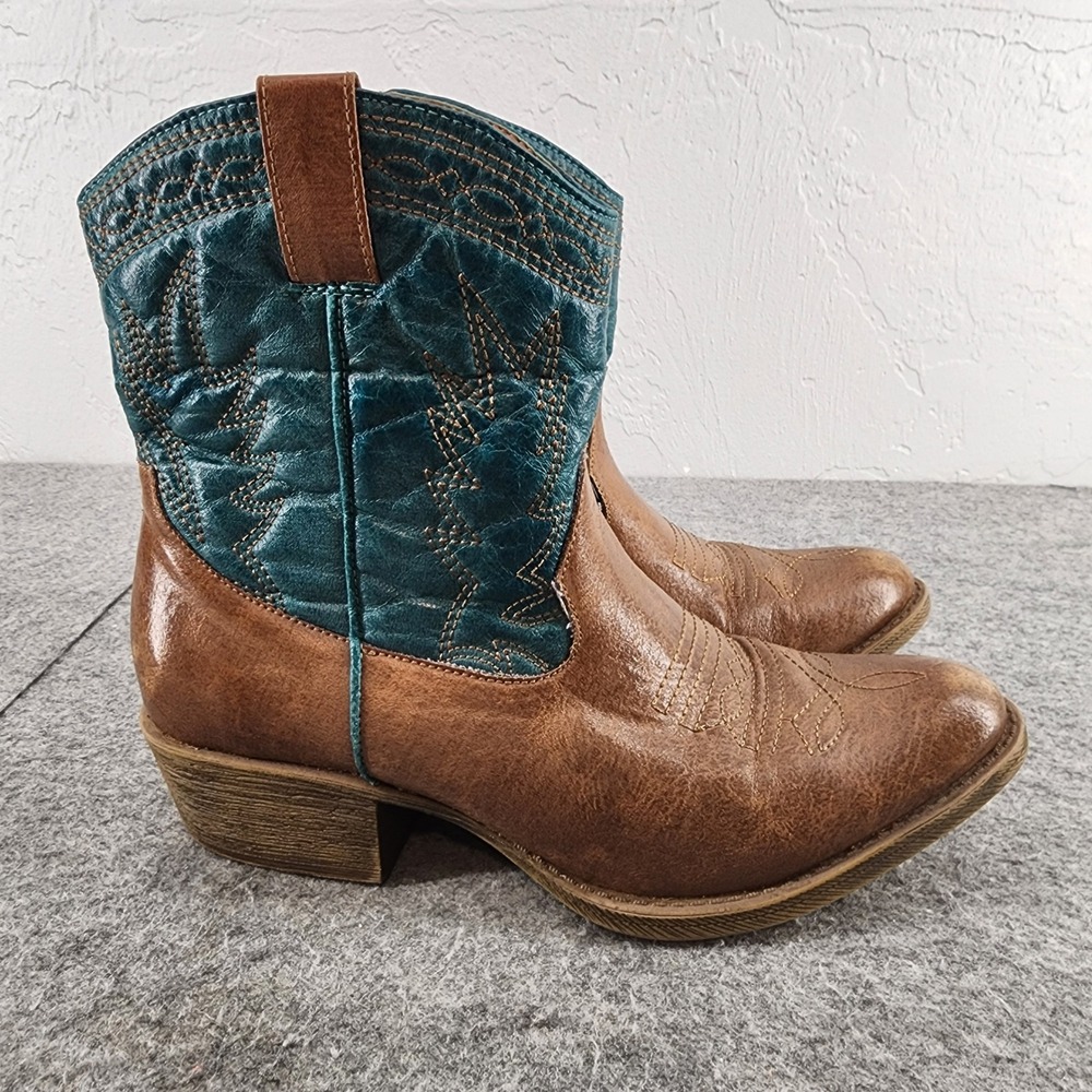 Coconuts by Matisse Pistol Teal Brown Western Cowgirl Ankle Boots Women 9M
